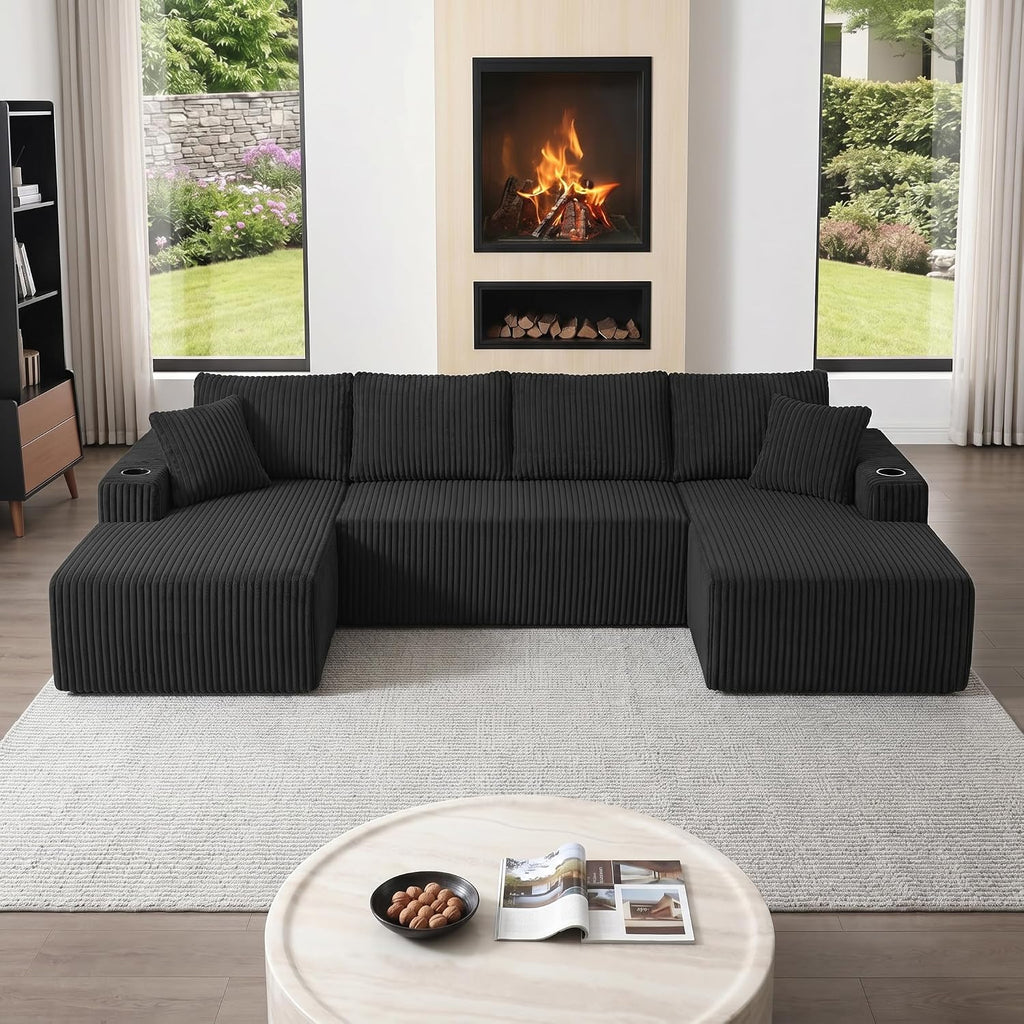 ivoros 125" Cloud Couch Sectional, Modular Sofa with Cup Holder and Storage Pocket, Corduroy U Shaped Sofas, Couch in a Box, No Assembly Required, Black Couches for Living Room