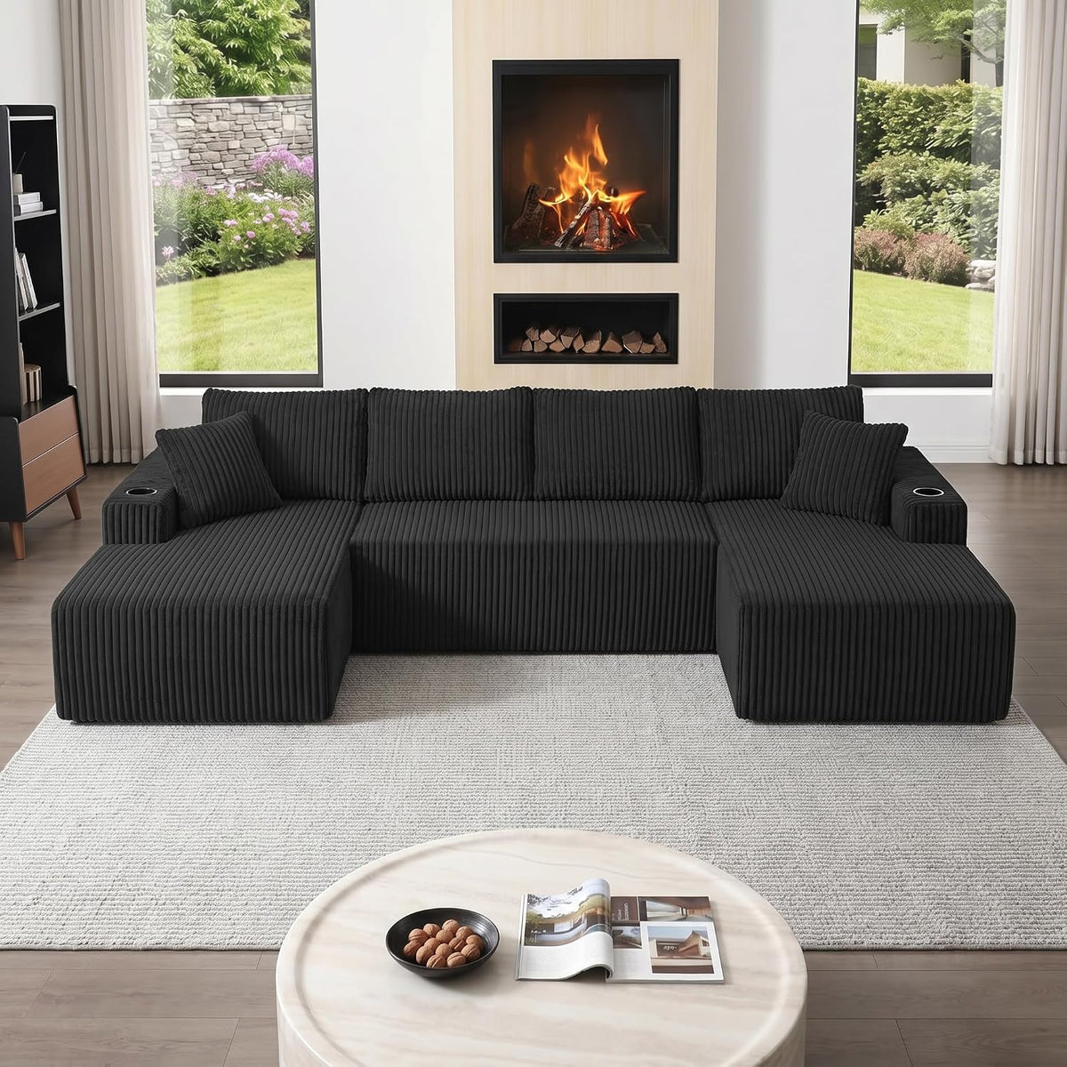 ivoros 125" Cloud Couch Sectional, Modular Sofa with Cup Holder and Storage Pocket, Corduroy U Shaped Sofas, Couch in a Box, No Assembly Required, Black Couches for Living Room