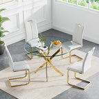 5-Piece Dining Room Table Set, Modern 36" Round Gold Glass Dining Table Set for 4, Kitchen and Dining Table Set with 4 White PU Leather Dining Chairs for Dining Room Kitchen