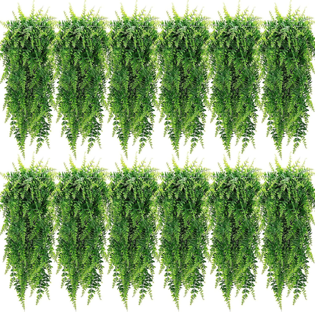 Geosar 12 Pcs Artificial Hanging Plants 32 Inch Hanging Boston Ferns Plastic Fake Plants for Wall Room Garden Wedding Garland Indoor Outdoor Decoration, No Basket