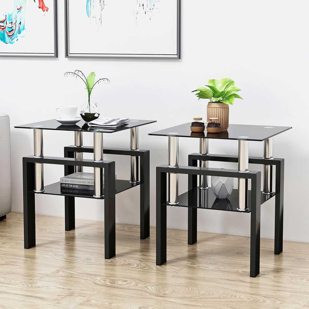 3 Piece Living Room Table Set, Glass Coffee Table and End Table Set of 3, Coffee Table Set with Tempered Glass & Metal Legs for Livingroom Table, Bedroom Nightstand. (Style 1, Black Glass+Black Leg)