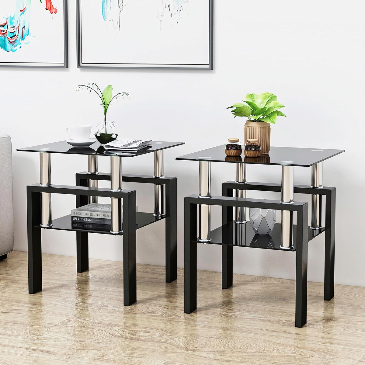 3 Piece Living Room Table Set, Glass Coffee Table and End Table Set of 3, Coffee Table Set with Tempered Glass & Metal Legs for Livingroom Table, Bedroom Nightstand. (Style 1, Black Glass+Black Leg)