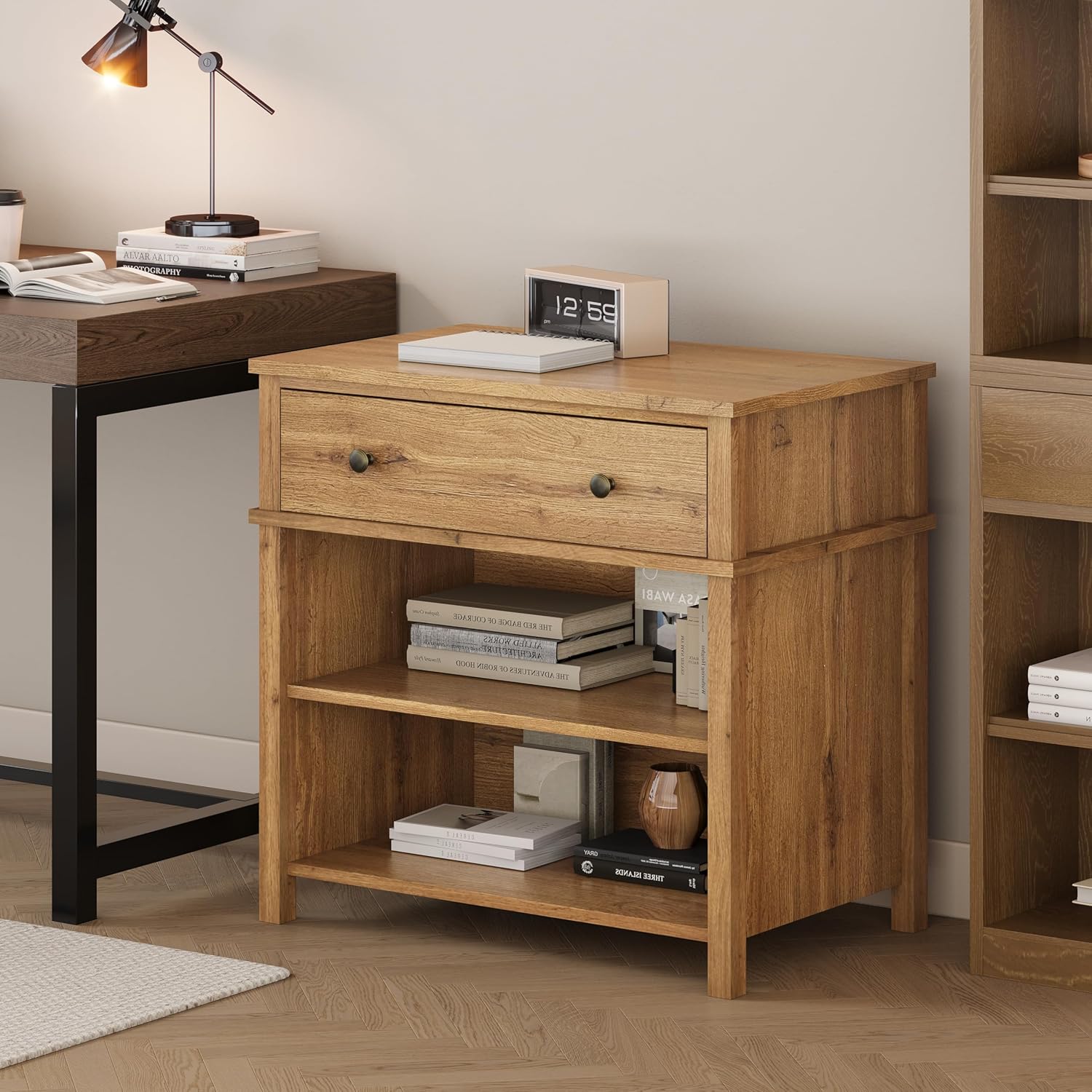 End Table with Drawer and 2 Tier Shelves, Wood Sofa Side Table for Living Room, Modern Nightstand Bedside Table for Bedroom, Small Console Table for Entryway, Hallway, Natural