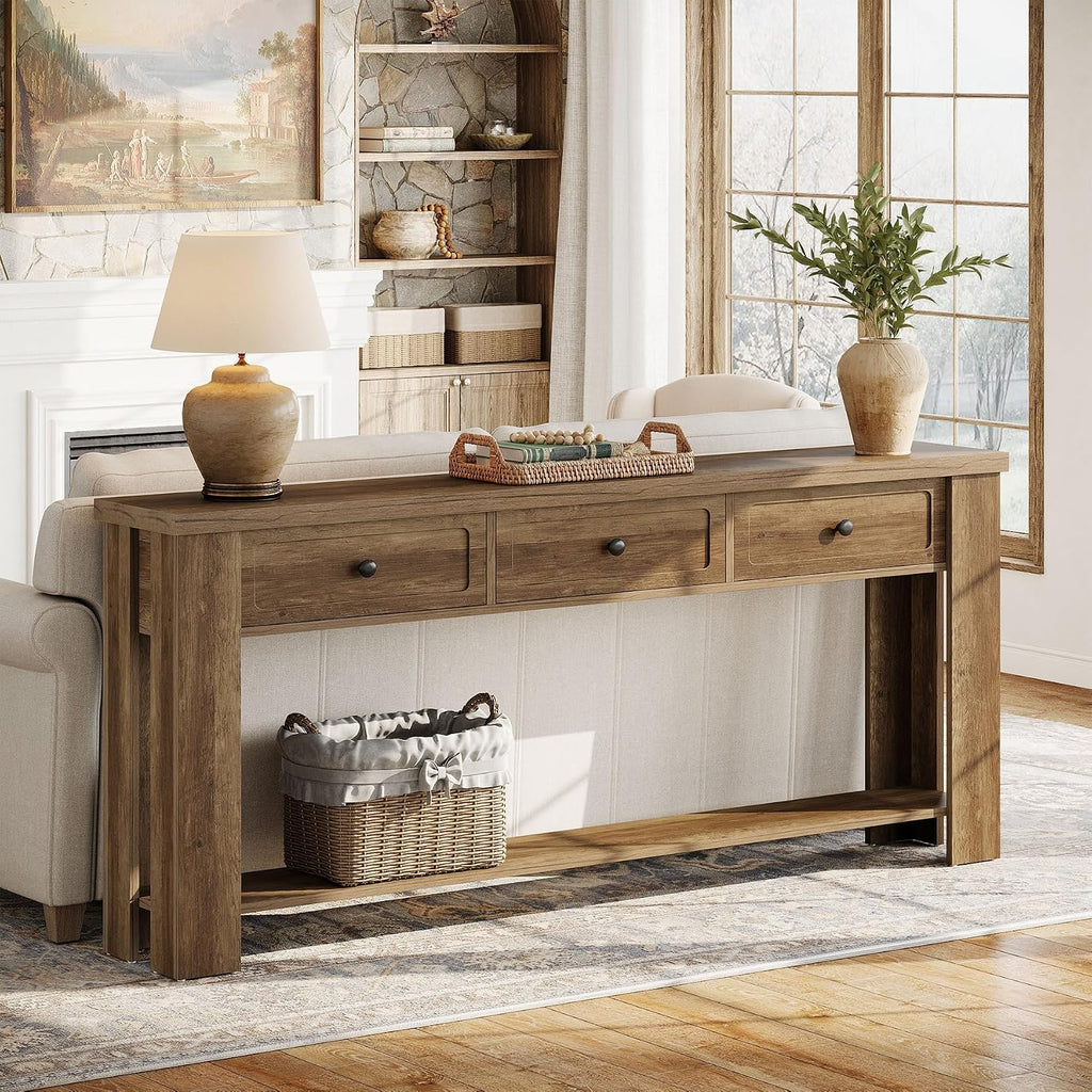 Tribesigns 70.9-Inch Long Console Table with 3 Drawers, Farmhouse Entryway Table with Storage, Rectangular Narrow Sofa Table Behind the Couch, Accent Table for Hallway, Living Room, Entry, Brown