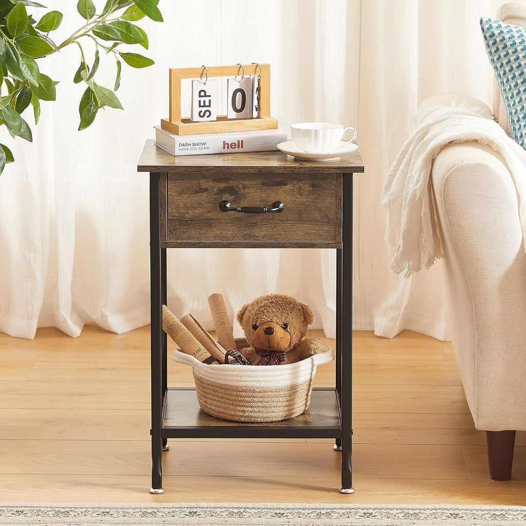 VECELO Nightstands, Industrial Side Table/End Tables with Drawer and Storage Shelf, Night Stands for Bedroom, Living Room, Wood Metal Furniture, Easy Assembly