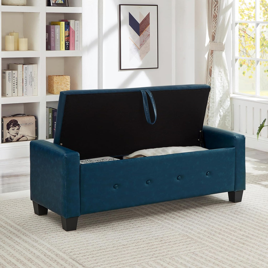48" Storage Ottoman Bench, Upholstered Tufted Faux Leather End of Bed Bench with Flip Top Storage, Large Bedroom Bench for End of Bed, Entryway Shoe Bench, Living Room Ottoman, PU (Navy Blue)