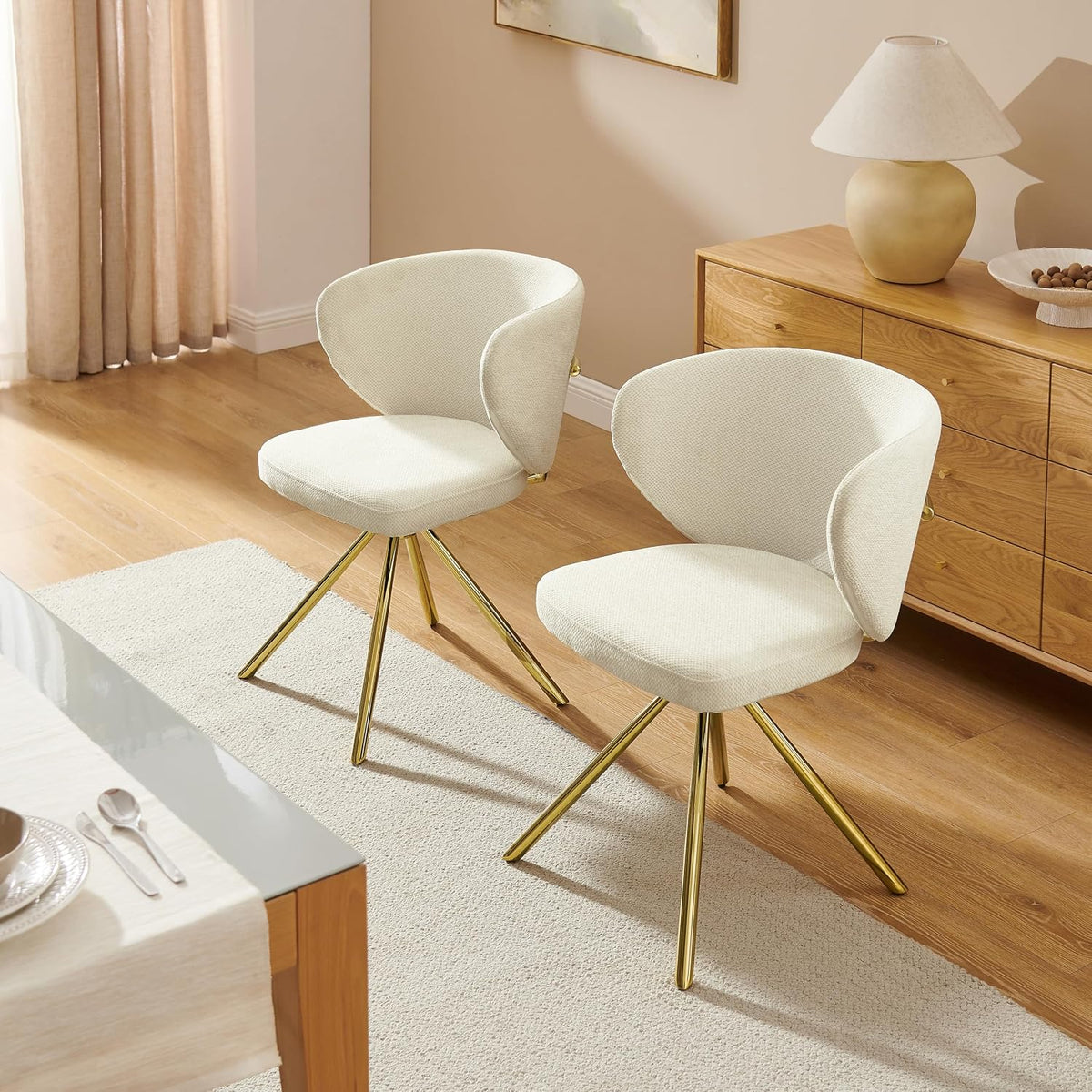Art Leon Swivel Dining Chairs Set of 2 - Modern Fabric Upholstered Kitchen Dining Room Chairs, Armless Accent Chairs with Golden Metal Legs, Side Chairs for Vanity, Off White