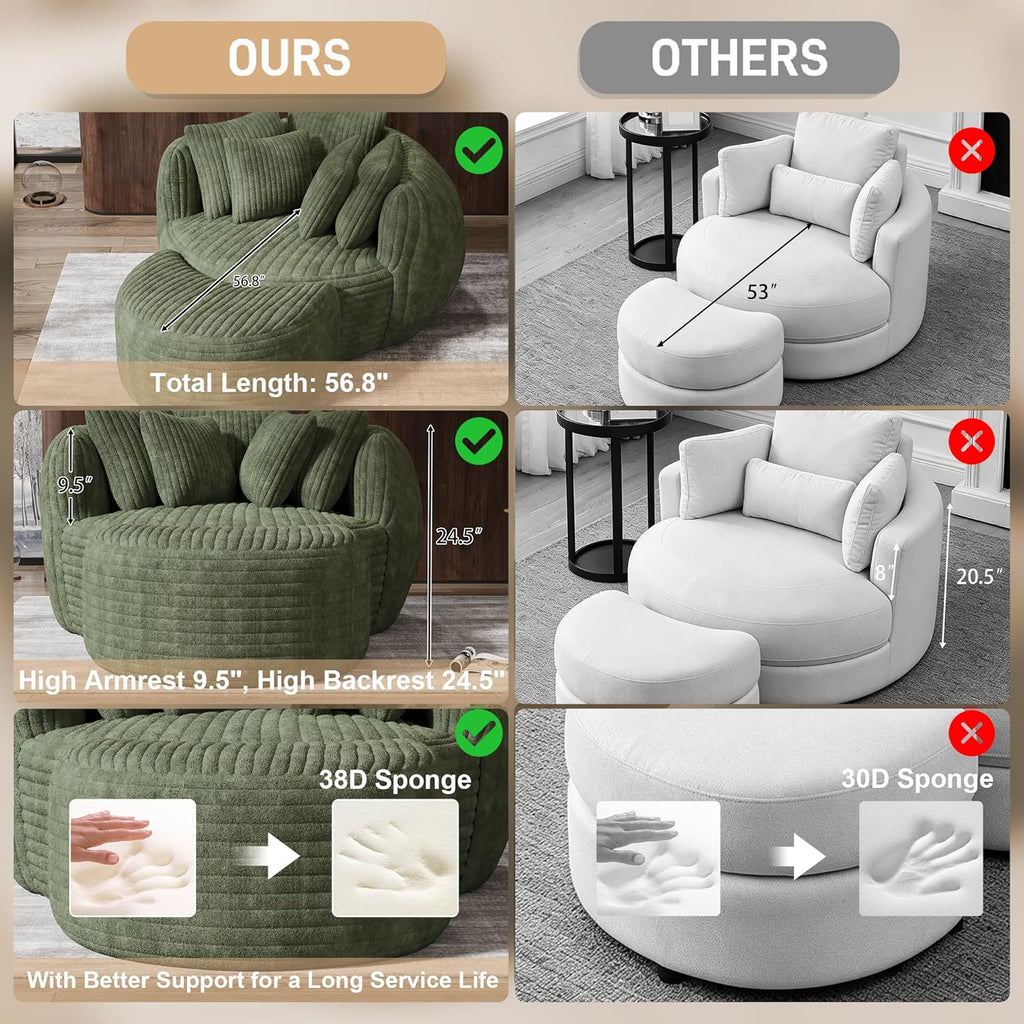 DAMAIFROM 50.5" W x 67" D Oversized Chaise Lounge Chair with Ottoman,Green | 38D Sponge,Round Reading Chair Luxury Plush Cloud Circle Sleeper for Living Room Bedroom, 5 Pillows,Corduroy