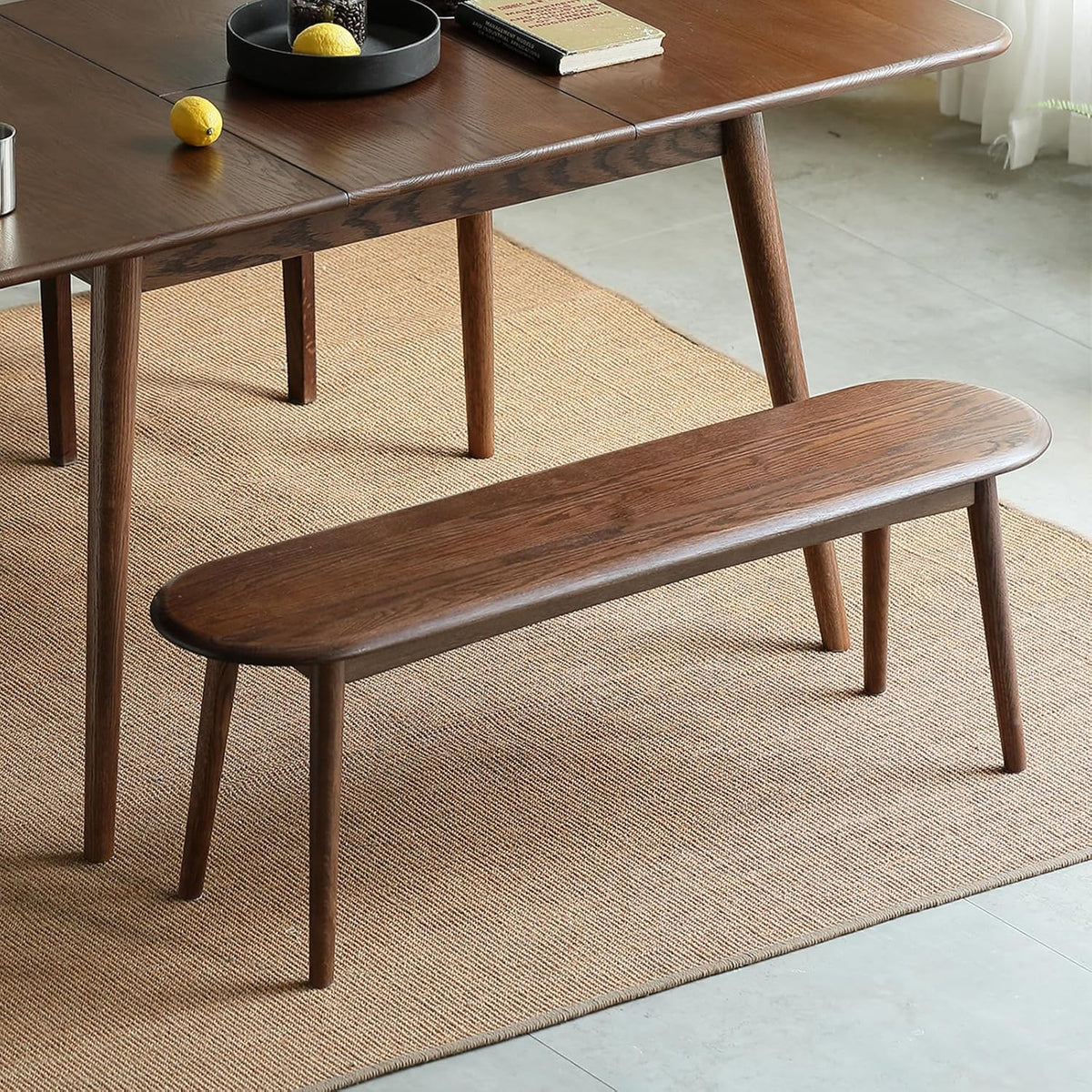 47" Solid Wood Skinny Bench | Walnut Finish Narrow Dining Bench | Mid-Century Modern Entryway Bench for Bed End, Living Room | Rounded Corners | Solid Oak Indoor Furniture