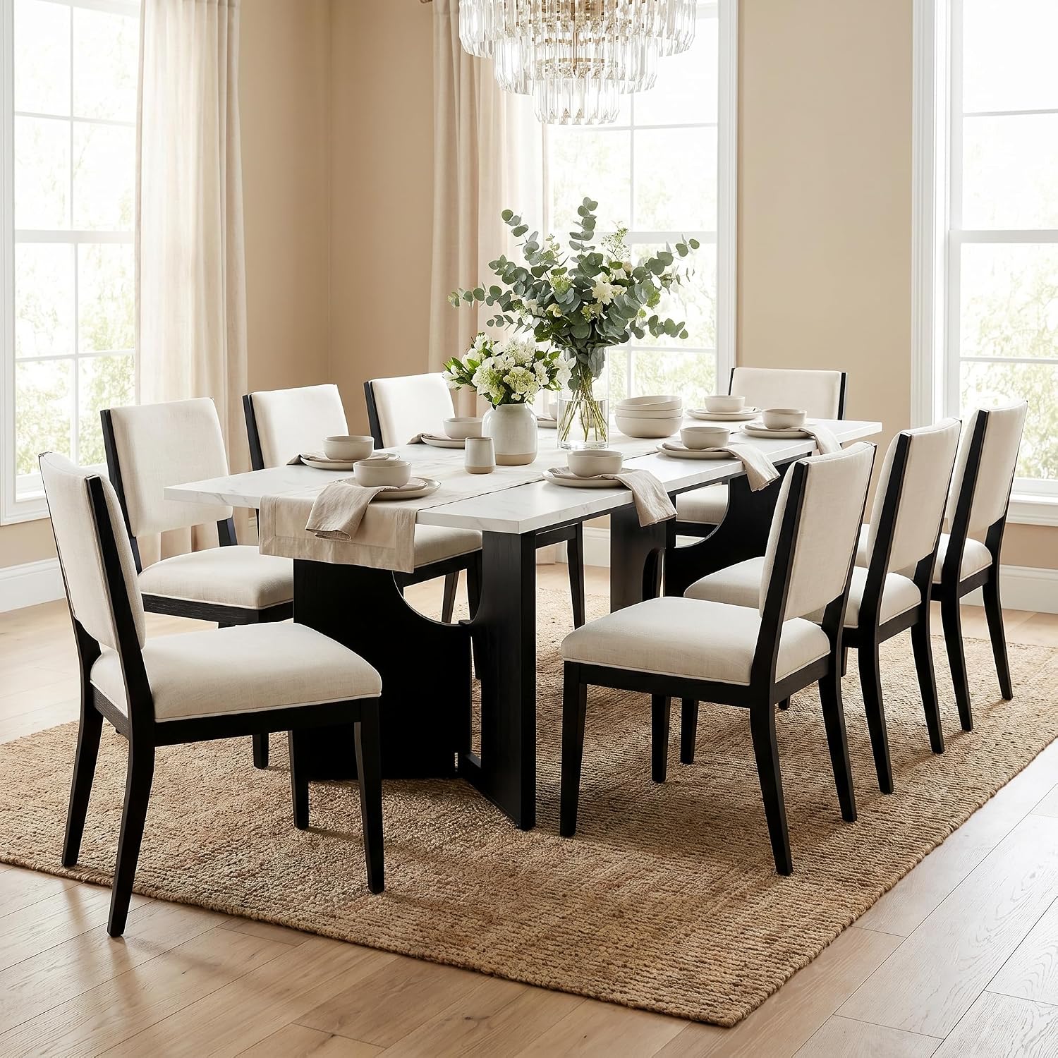 86.6" Modern Dining Table for 6-10 People,Long Kitchen Tables with Wooden Black V Shaped Frame Legs,Rectangular Dinner Table with Imitation Marble Tabletop for Kitchen, Dining Room（Only Table