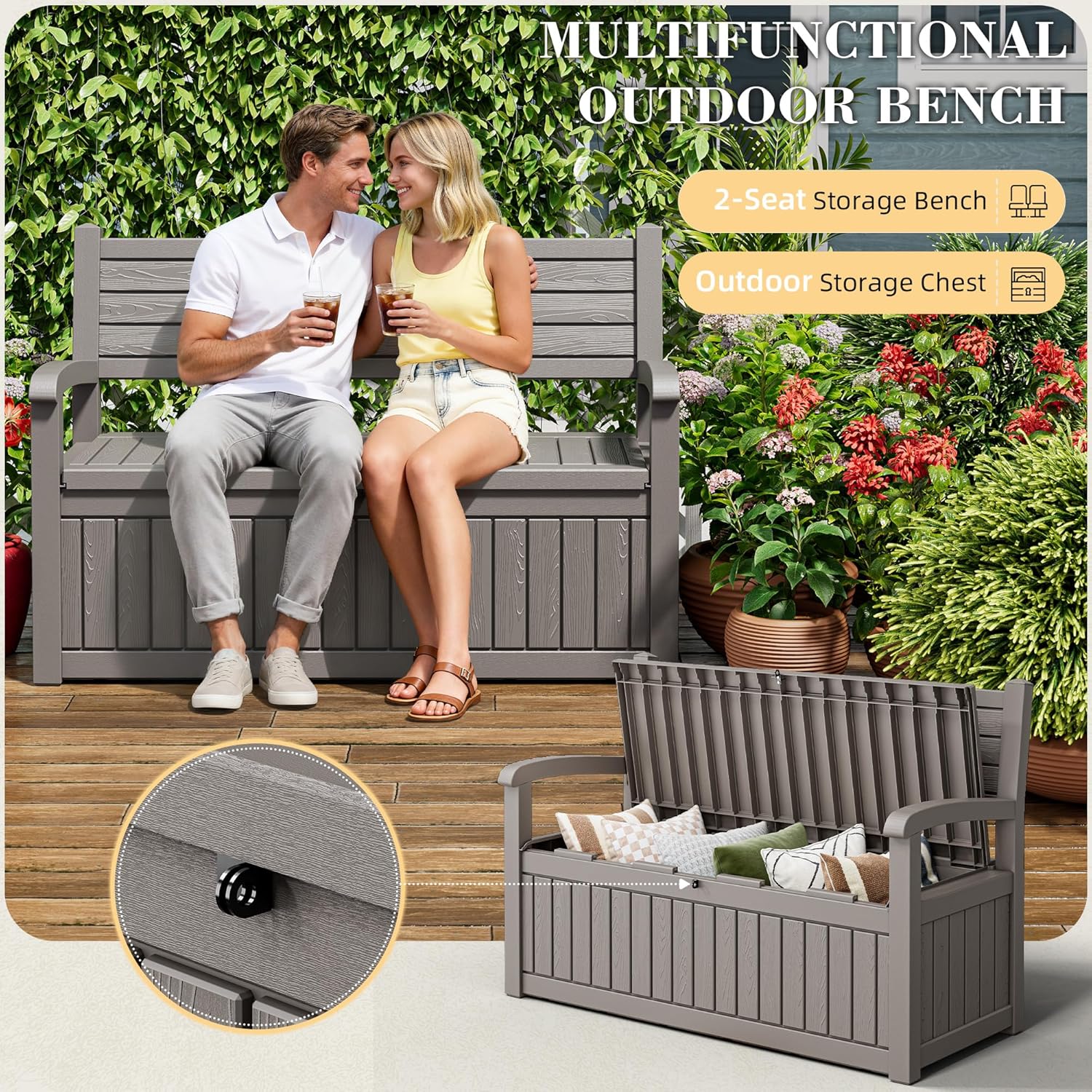80 Gallon Outdoor Storage Box,Resin Stripes Deck Box Doubles as 2-Person Bench Seat,Waterproof Storage Outdoor Porch Bench for Cushions,Garden Tools and Pool Supplies Grey