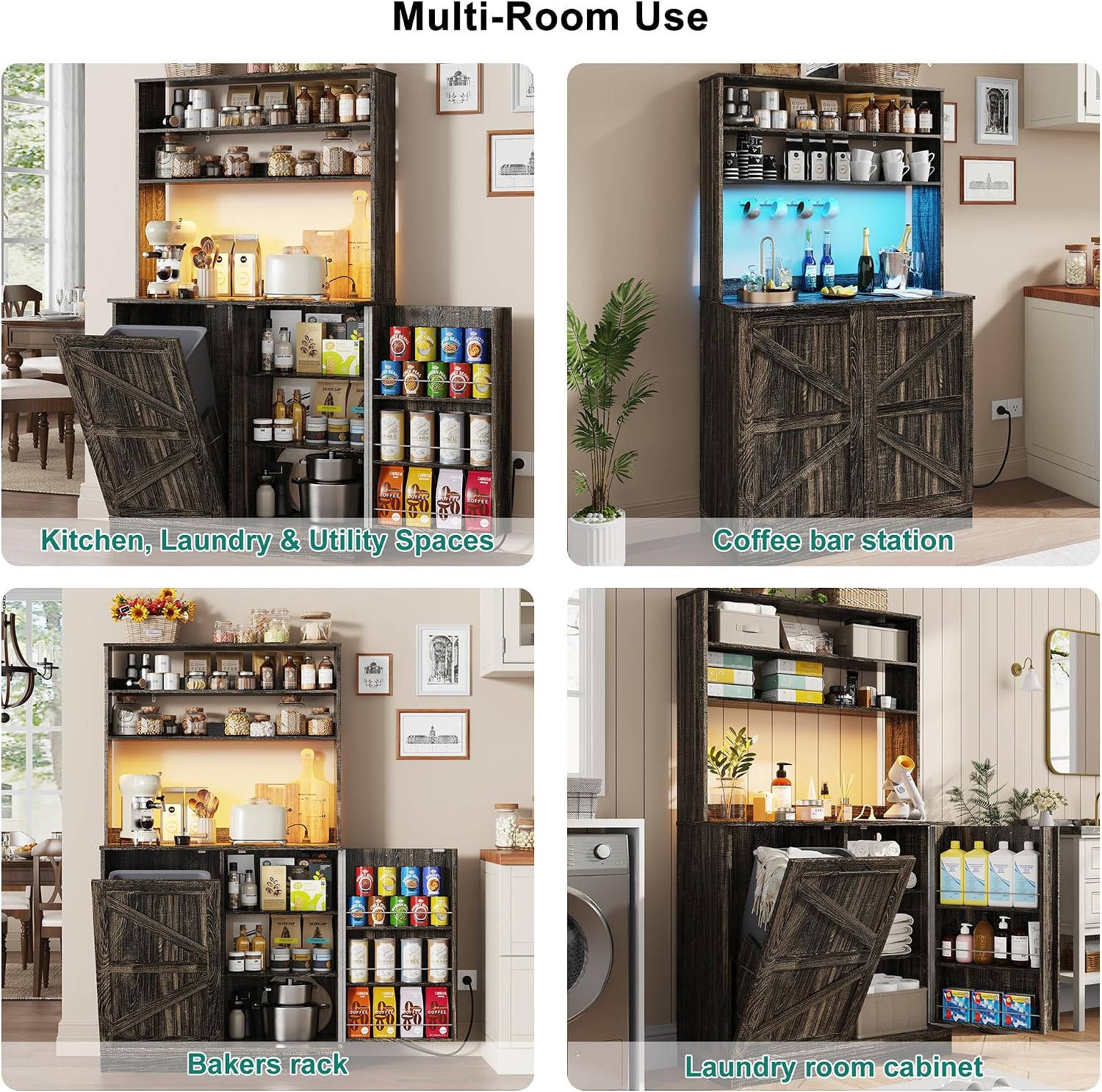 Squireewo 63" H Pantry Cabinets with 10 Gallon Trash Can,Led Light,Outlet,35" W Kitchen Hutch with Tilt Out Trash Can Cabinet,Farmhouse Cupboard with Large Countertop for Living Room, Dining Room