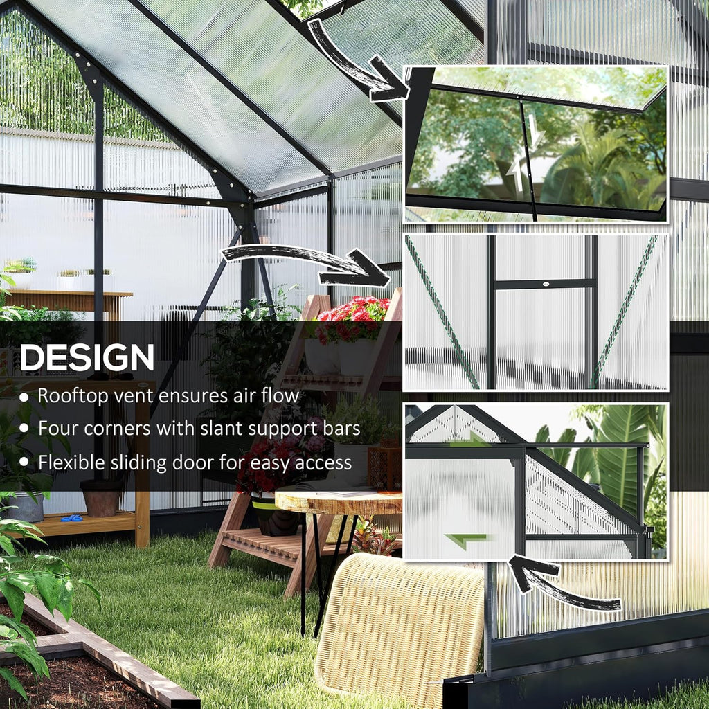 Outsunny 6' x 8' Greenhouse for Outdoors, Polycarbonate Greenhouse with Rain Gutter and Roof Vent, Aluminum Walk-in Green Houses for Outside for Patio Backyard Garden, Gray