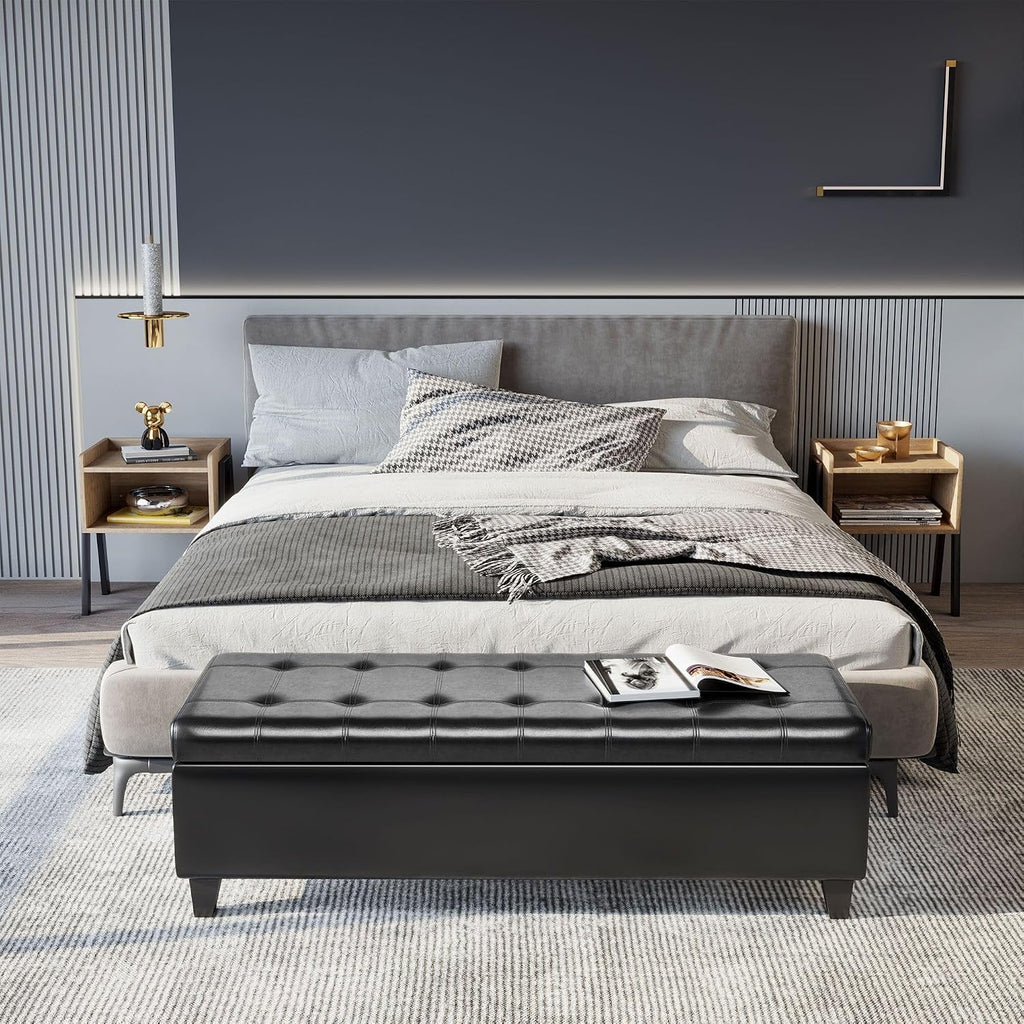 51inches Rectangular Tufted Faux Leather Storage Ottoman Black Modern Premium Comfortable Luxury Stylish Elegant Contemporary
