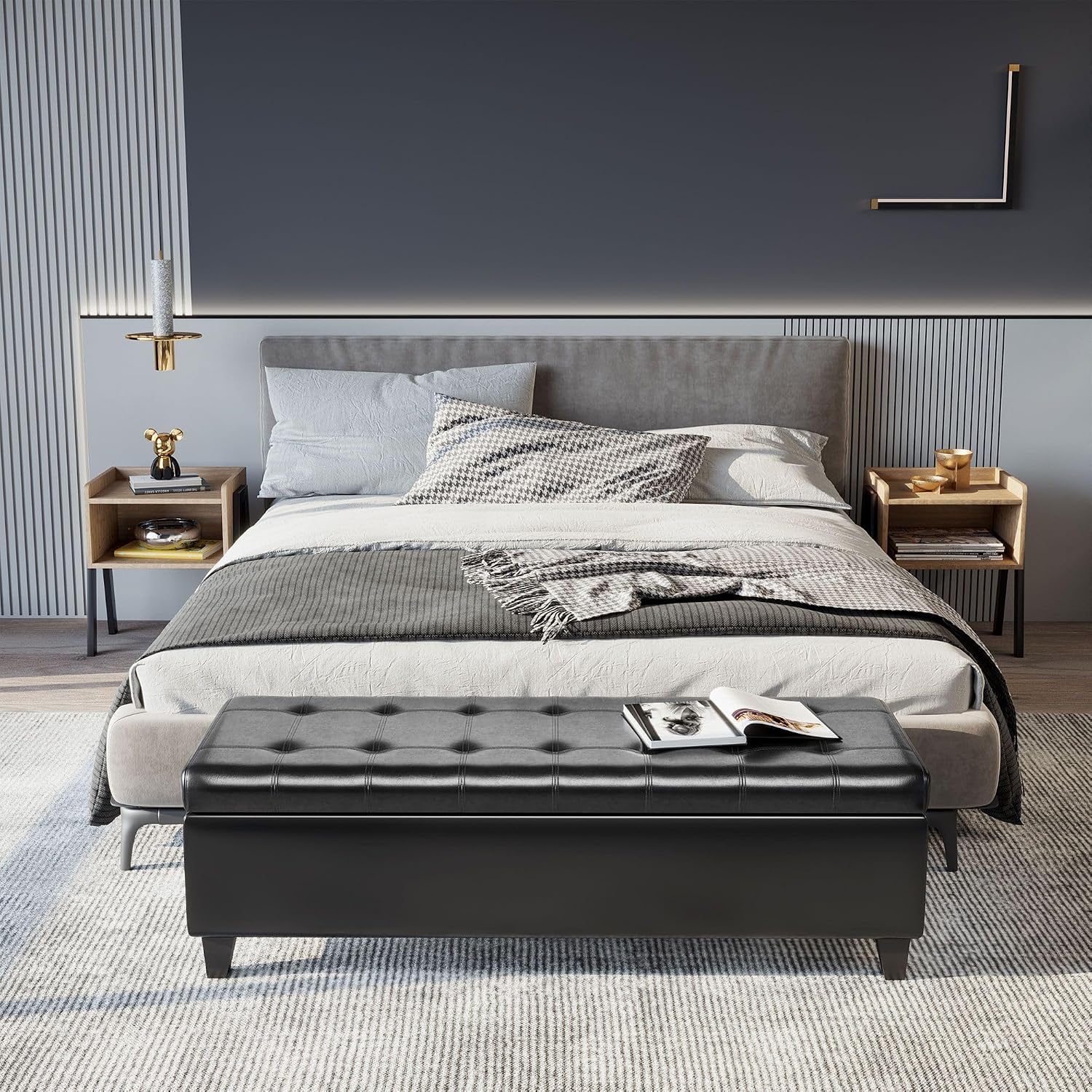 51inches Rectangular Tufted Faux Leather Storage Ottoman Black Stylish Luxury Contemporary Comfortable Durable Modern Elegant