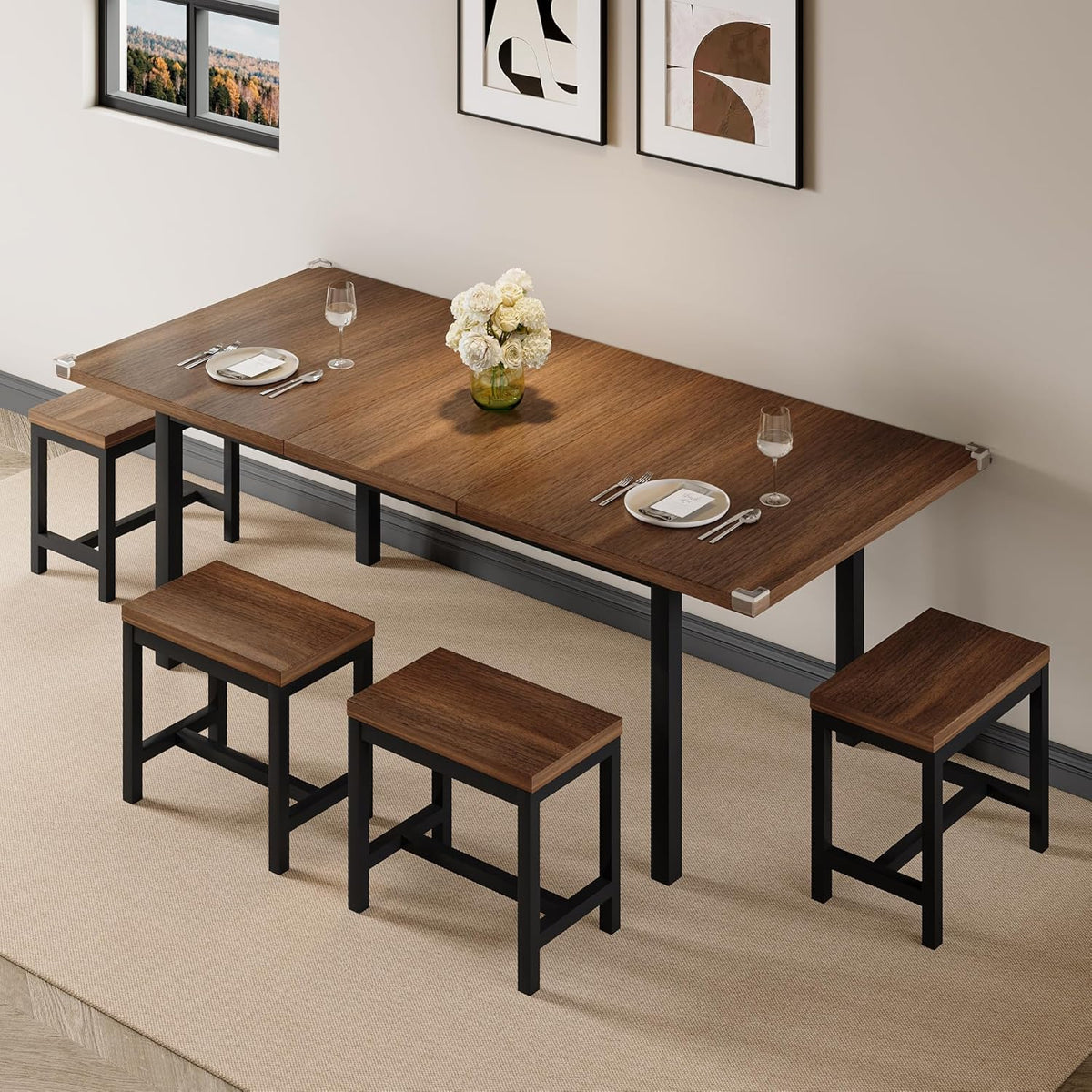Einhomn 7-Piece Dining Table Set, 63" Extendable Kitchen Room Table with 6 Stools, Mid Century Modern Dinner Table with Metal Frame & MDF Board, Space-Saving, Easy Assembly, Walnut