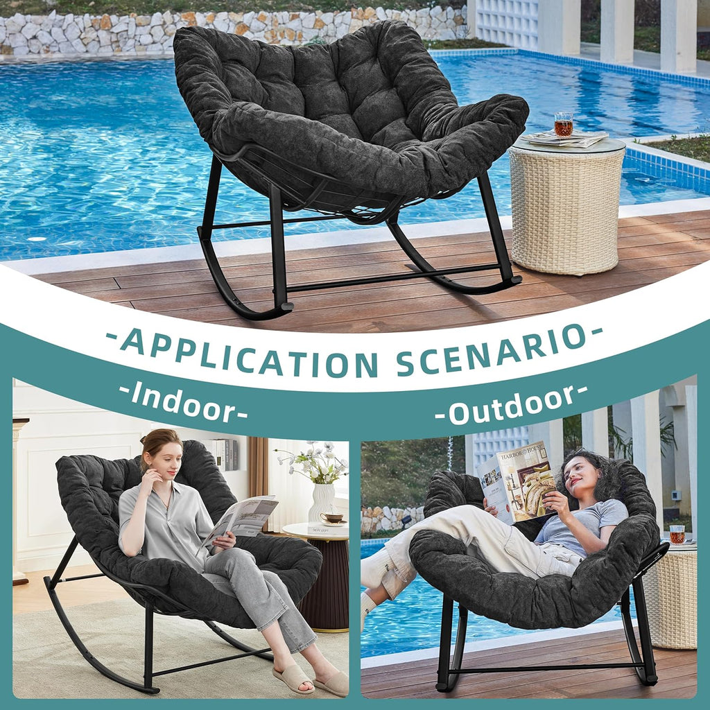 Oversized Rocking Chair Indoor, Papasan Rocking Chair Outdoor, Lounge Chair with Cushion, Patio Egg Rocker Chairs, Comfy Reading Chairs for Bedroom, Living Room, Garden, Lawn, Dark Grey