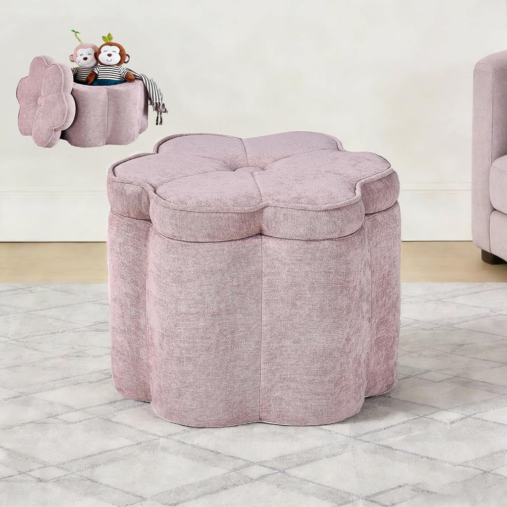 Crestview Collection 14.5" H Pink Flower Storage Ottoman,Sandy Pink | Chenille Fabric,Holds 300 LBS,Seating Foot Rest,For Bedroom Living Room Entryway,Home Decor