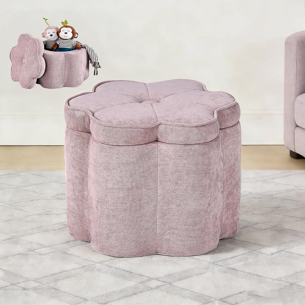 Crestview Collection 14.5" H Pink Flower Storage Ottoman,Sandy Pink | Chenille Fabric,Holds 300 LBS,Seating Foot Rest,For Bedroom Living Room Entryway,Home Decor