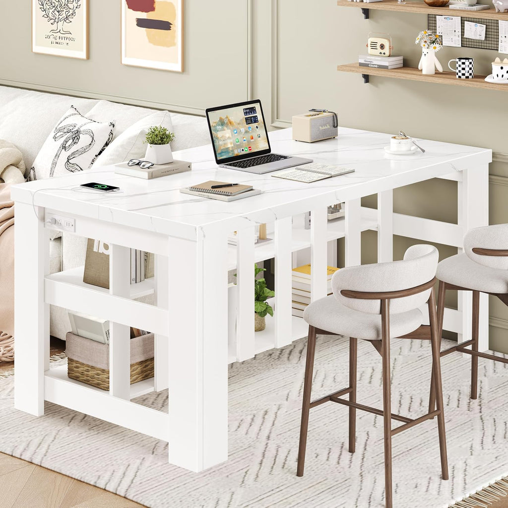DynJest Kitchen Island with Storage, 55 Inch Large Faux Marble Prep Worktop | Kitchen Island with Power Outlet &3-Tier Shelves, Rest Area, Coffee Bar Cabinet With Wide Legs for Kitchen Dining Room, White