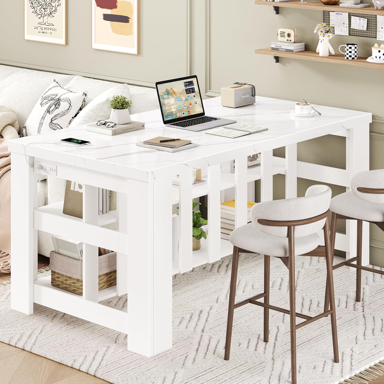 DynJest Kitchen Island with Storage, 55 Inch Large Faux Marble Prep Worktop | Kitchen Island with Power Outlet &3-Tier Shelves, Rest Area, Coffee Bar Cabinet With Wide Legs for Kitchen Dining Room, White