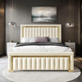 HOME DESIGN Olathe King Size Upholstered Panel Bed Frame, Vertical Channel Tufted Headboard with Gold Metal Accent, Velvet Fabric, Platform Design, Box Spring Required, Beige