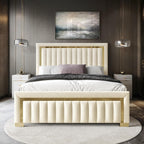 HOME DESIGN Olathe King Size Upholstered Panel Bed Frame, Vertical Channel Tufted Headboard with Gold Metal Accent, Velvet Fabric, Platform Design, Box Spring Required, Beige