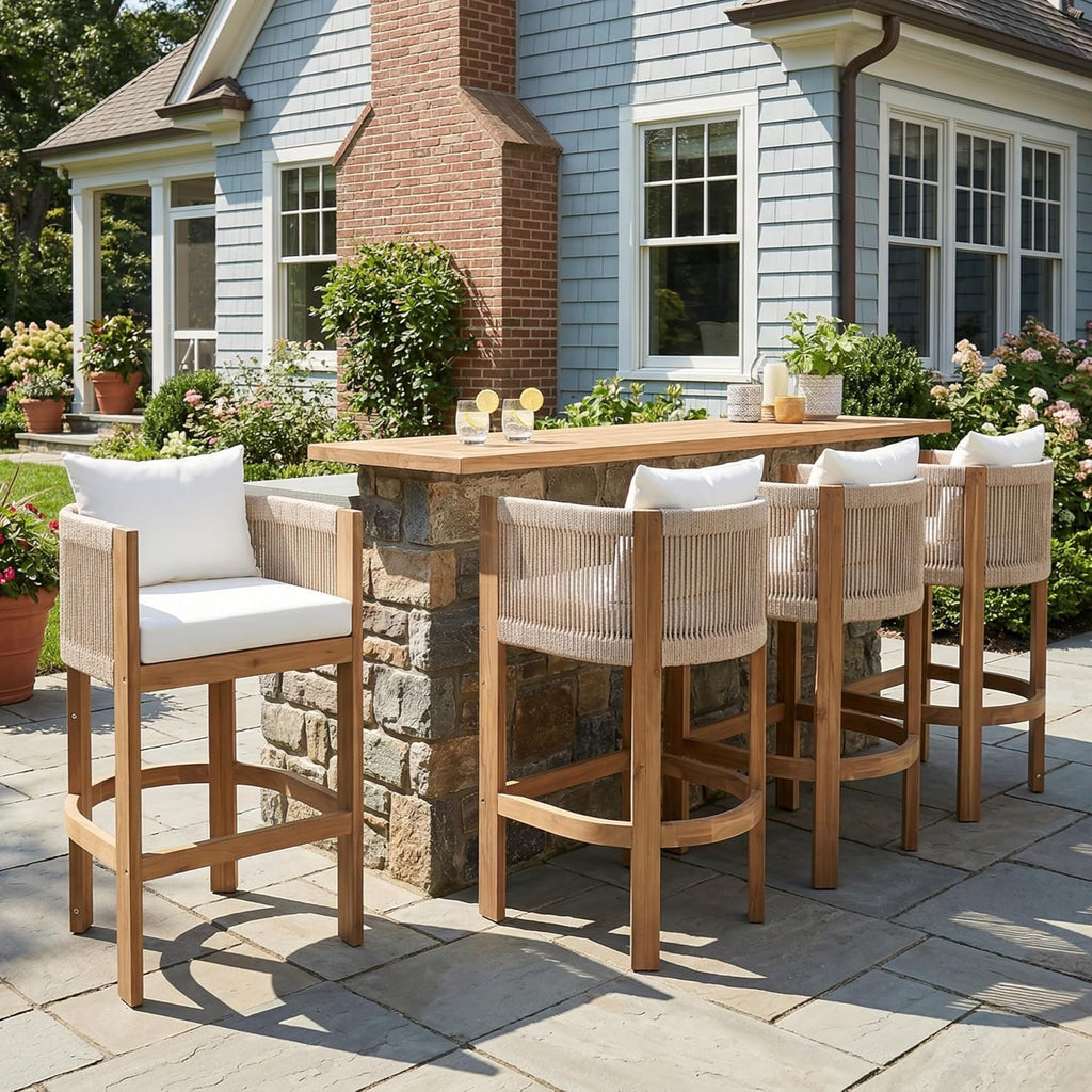 Merax Outdoor Bar Stools Set of 4, Rope Rattan Patio Barstools with Footrest and Cozy Cushions, Outdoor Acacia Wood Counter Height Bar Stools for Garden Backyard Pool Bar Chairs, Beige