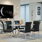 ACEDÉCOR Modern Dining Chairs Set of 6, Black Leather Dining Room Chairs with Silver Stainless Steel Legs, Upholstered Chairs with High Back and Metal Chrome Legs for Kitchen/Living Room/Restaurant