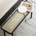 GDFStudio 47.24" Solid Oak Wood Dining Bench with Handwoven Rattan Seat, Modern Mid-Century Entryway Bench, End of Bed Bench for Bedroom Living Room, Black