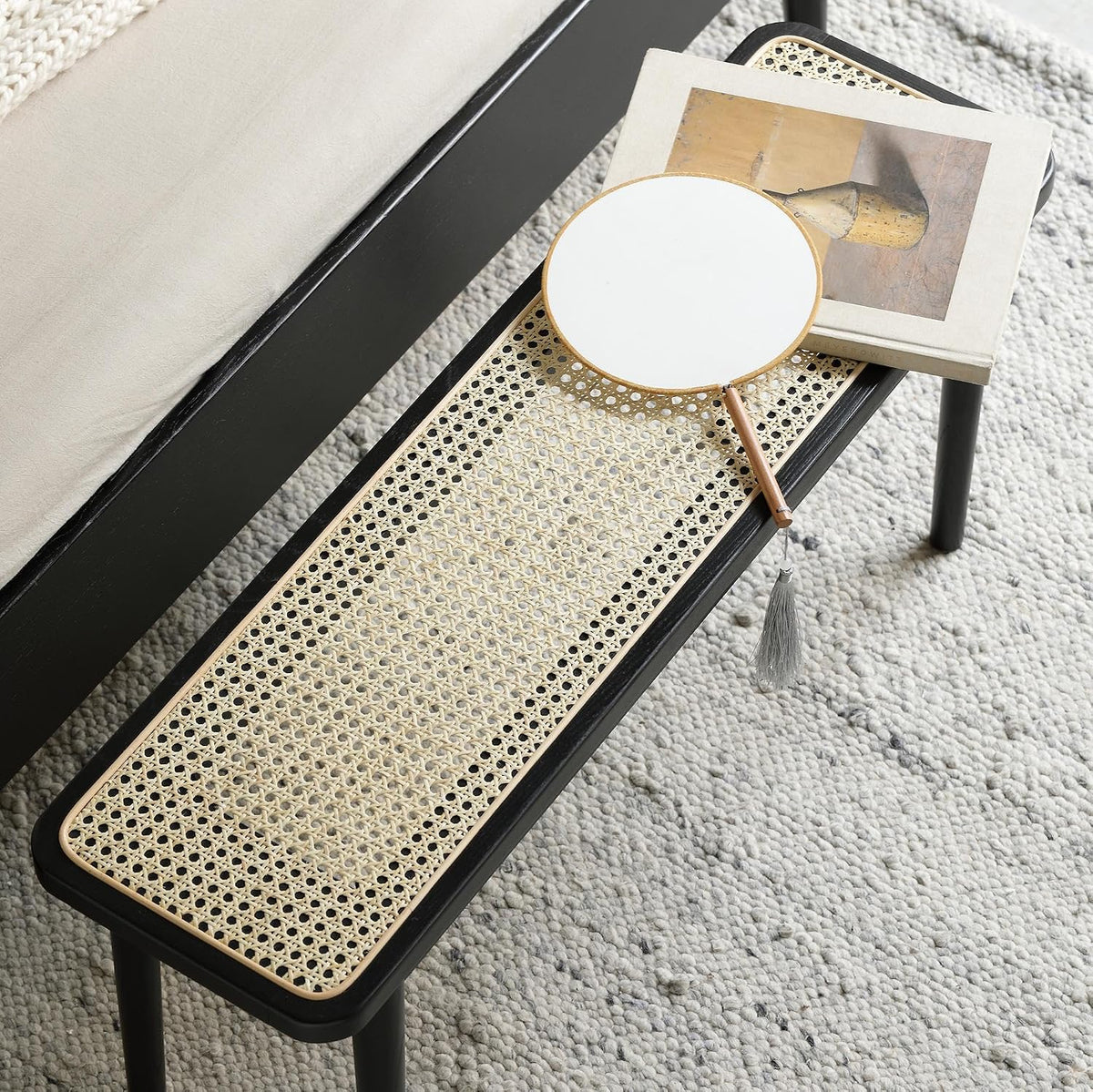 GDFStudio 47.24" Solid Oak Wood Dining Bench with Handwoven Rattan Seat, Modern Mid-Century Entryway Bench, End of Bed Bench for Bedroom Living Room, Black