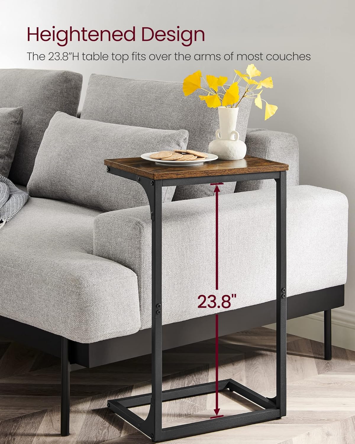 VASAGLE C-Shaped End Table, Side Table for Sofa, Couch Table with Metal Frame, Small TV Tray Table for Living Room, Bedroom, Rustic Brown and Black ULET353B01