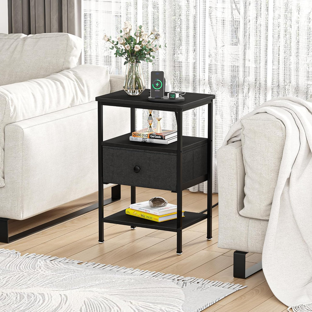 VECELO Nightstands with Charging Station Set of 2,Bedside Tables with Storage Shelf&Fabric Drawer,End Tables for Bedroom,Living Room,Small Spaces,Black