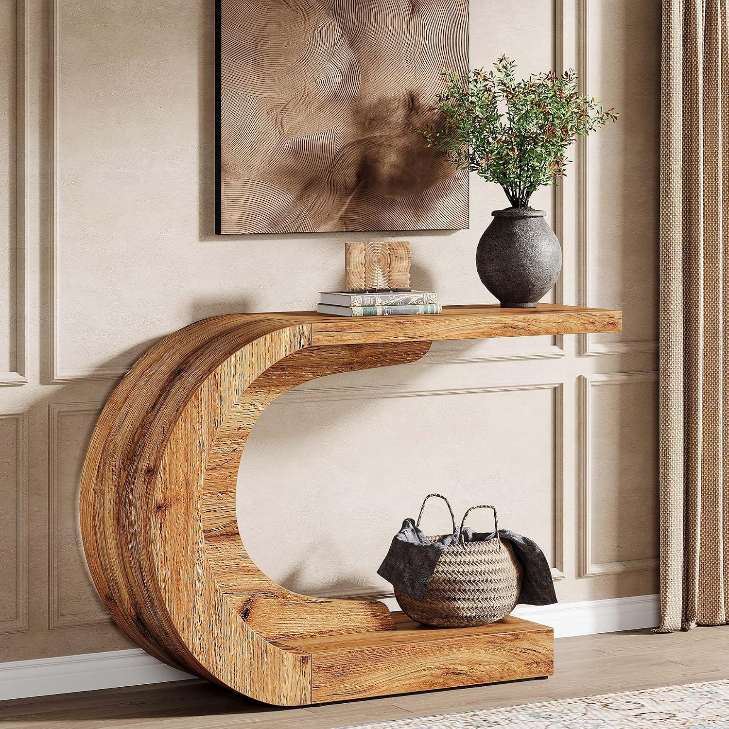 Tribesigns 43.3" Farmhouse Console Table for Entryway, Unique C-Shaped Rustic Sofa Table Behind Couch with Storage for Living Room, Hallway, Entry, Entrance, Foyer, Easy Assembly, Natural Brown