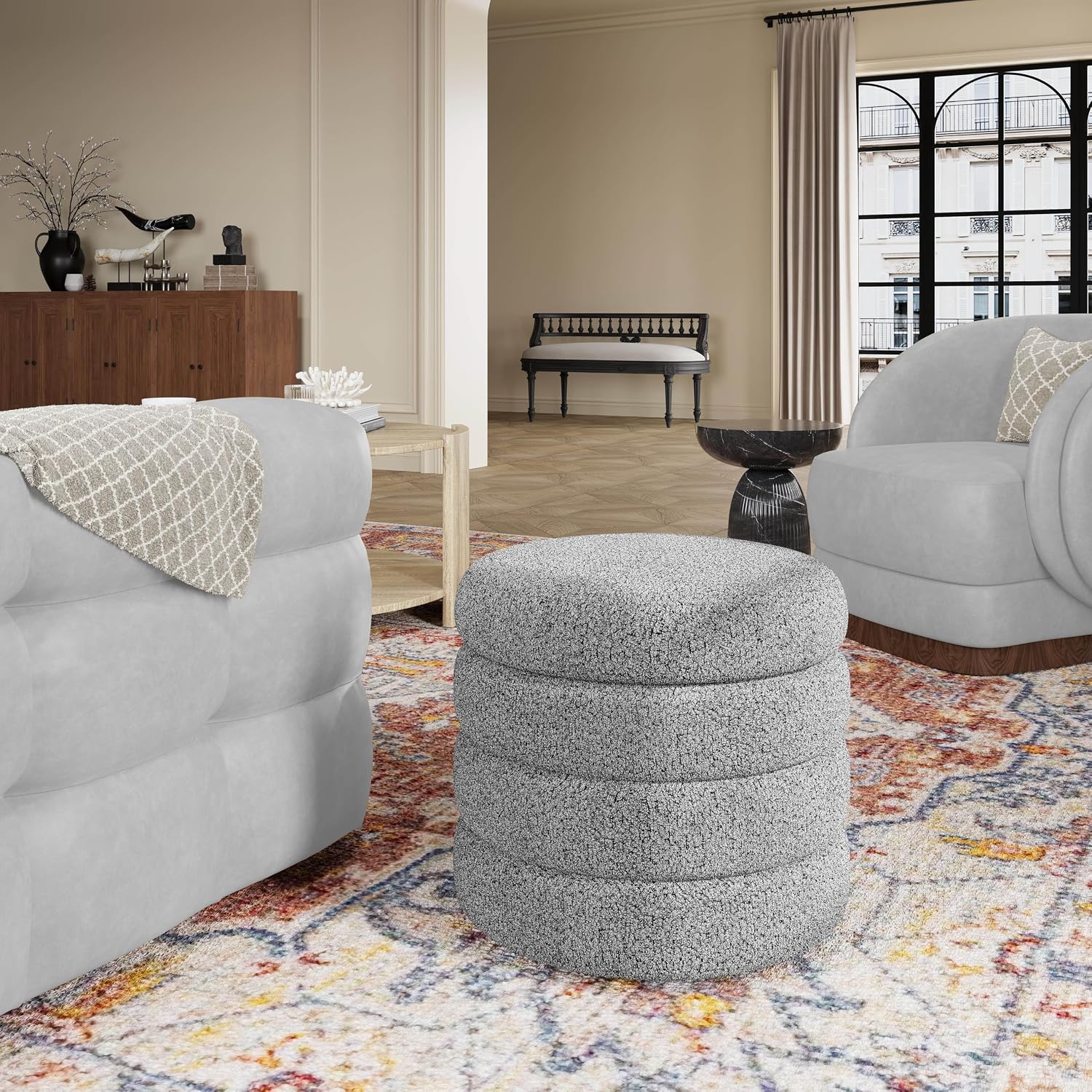 allamazing Storage Ottoman, Round Ottoman with Storage, Vanity Stool Foot Rest with Removable Lid, Round Boucle Upholstered for Living Room Pouf Footstool