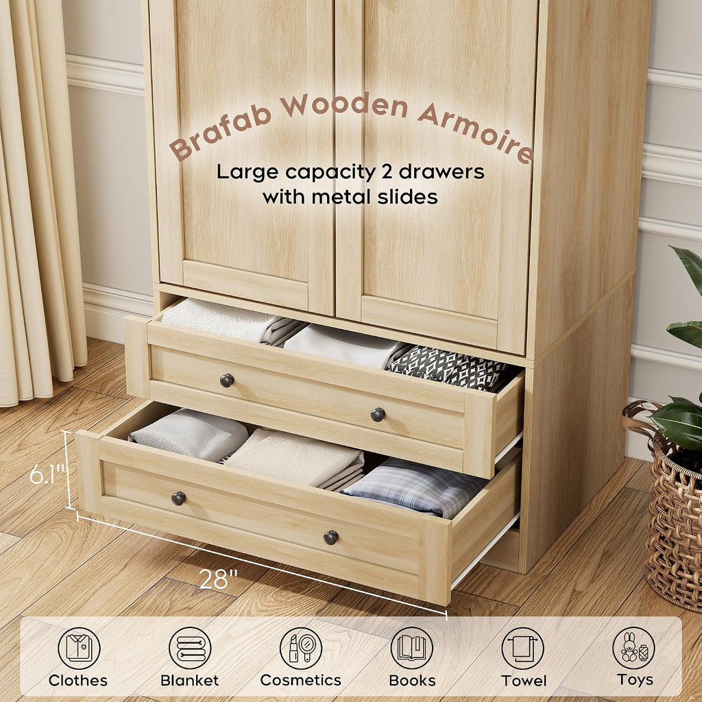 Brafab 2 Doors Wooden Armoire Wardrobe Closet with 2 Drawers, Natural | 2 Modern Doors, Freestanding, with Drawers and Hanging Rail, Wooden Storage Cabinet with Shelf, for Bedroom