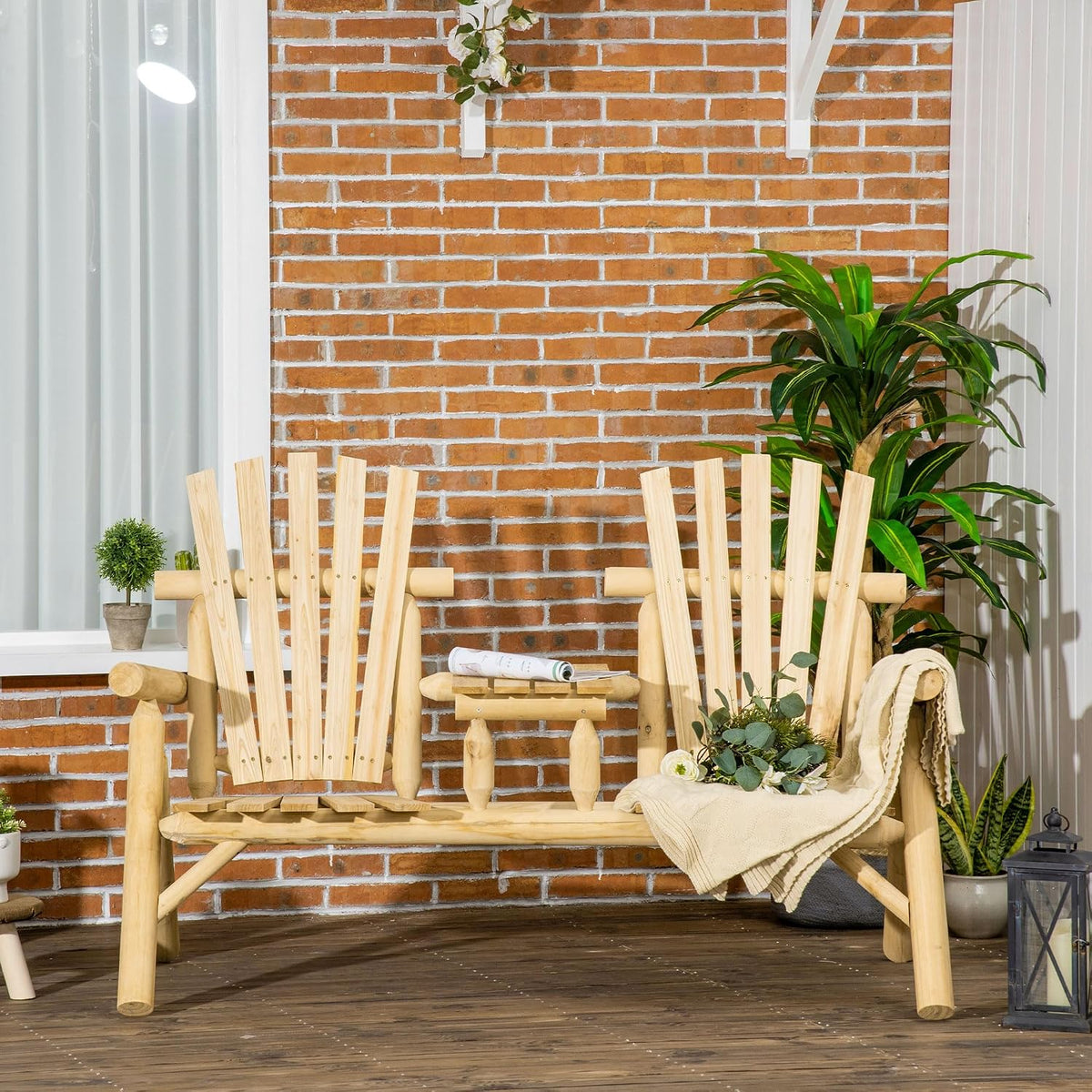 Adirondack Loveseat Chair, 2-Seat Wooden Patio Bench with Built-in Table, Outdoor Fire Pit Chair for Porch, Backyard, Deck, Garden Seating, Natural