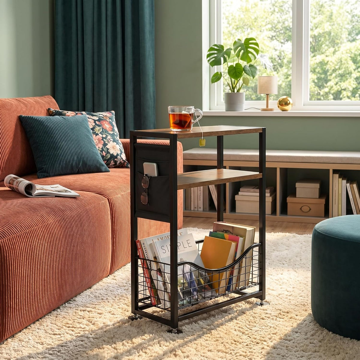 Skinny Side Table with Storage, 3 Tier Slim Side Tables for Small Spaces, Skinny End Table Narrow Bedside Table Narrow Side Table for Living Room, Bedroom