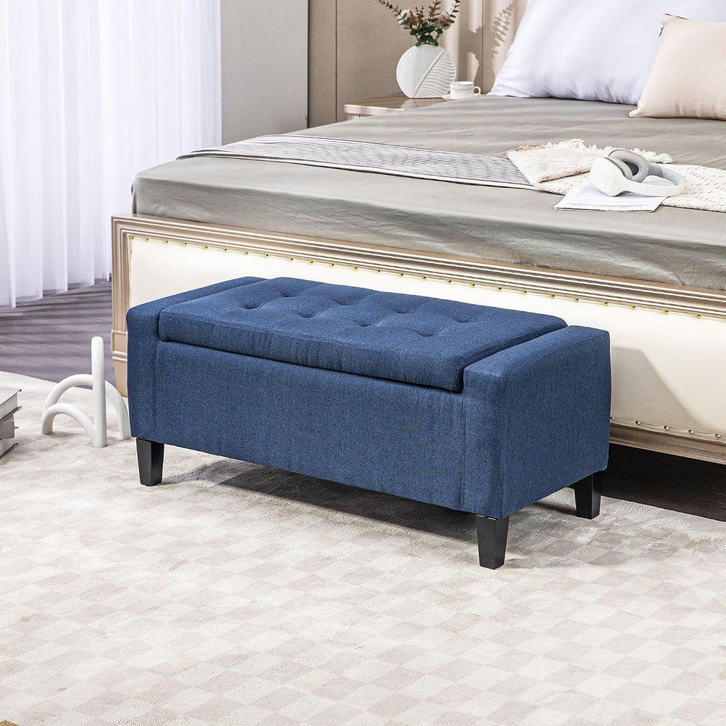HOMCOM 36" Ottoman with Storage, Lift Top Rubberwood Legs 330 lb Dark Blue | Storage Ottoman Bench, Linen Upholstered Entryway Seat, Living Room, Bedroom