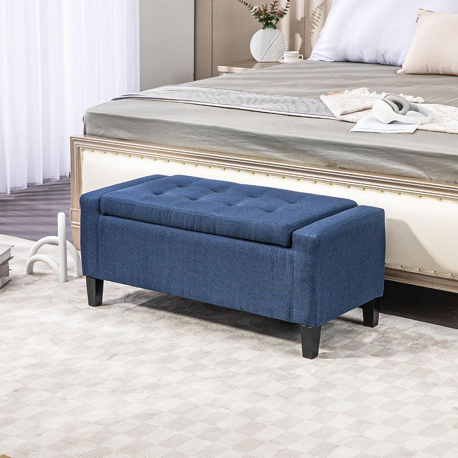 HOMCOM 36" Ottoman with Storage, Lift Top Rubberwood Legs 330 lb Dark Blue | Storage Ottoman Bench, Linen Upholstered Entryway Seat, Living Room, Bedroom