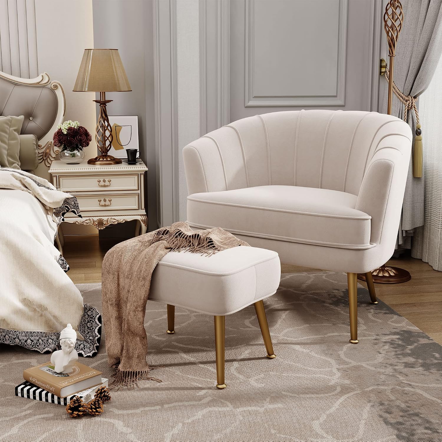 Andeworld Velvet Accent Chair with Ottoman, Barrel Armchair, Beige | Velvet Upholstery Side Chair, Includes Ottoman, Golden Metal Legs, 350 Lb Capacity, Living Room Bedroom Office