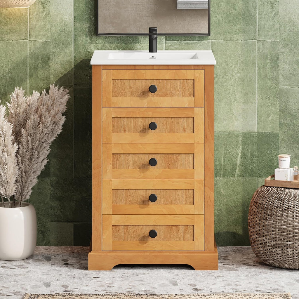 JIVOIT 20" Bathroom Vanity with Integrated Ceramic Sink, Wood Bathroom Cabinet with Adjustable Shelf, Soft-Closing Door, Solid Wood Bottom Frame for Small Space