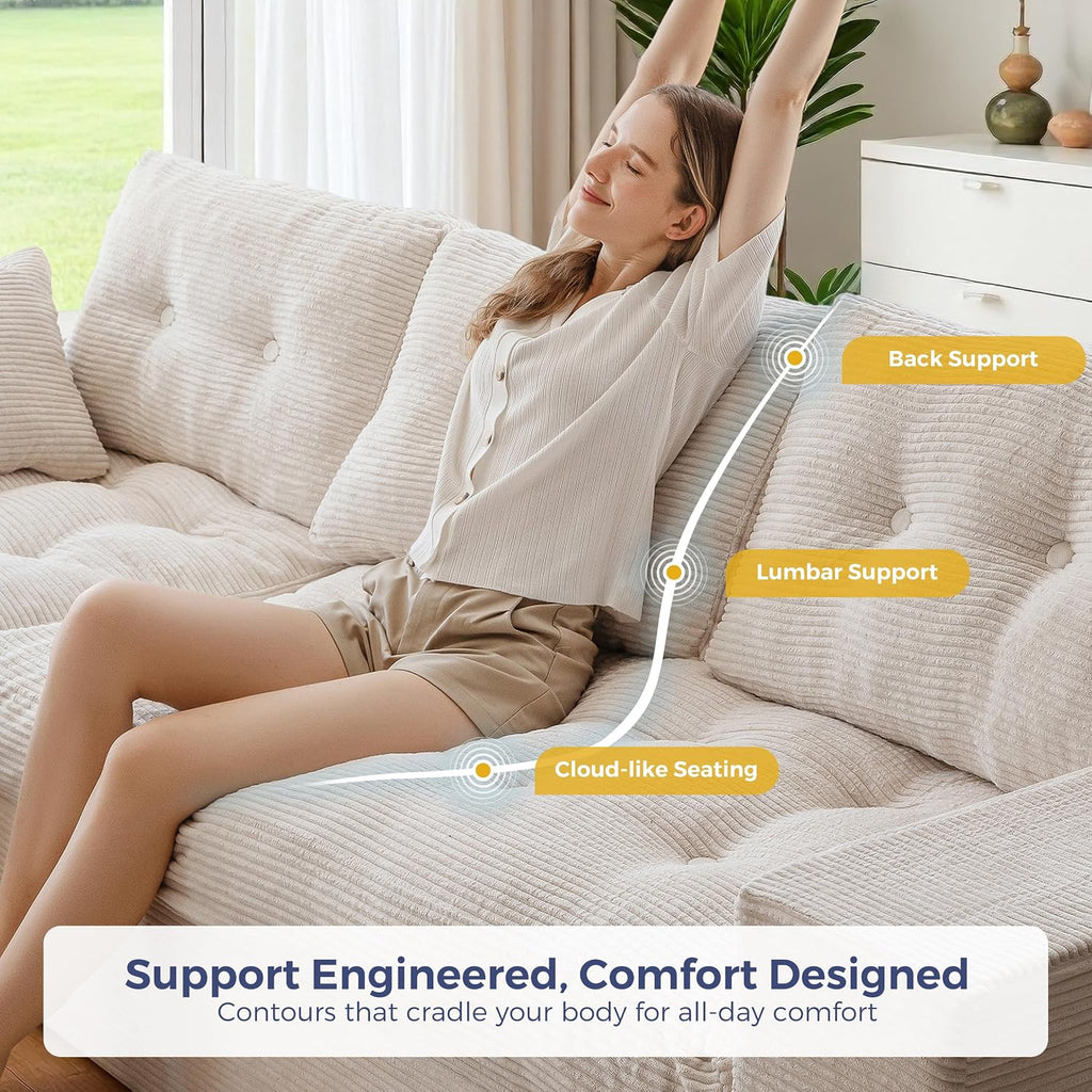 MAXYOYO Couch, 96-Inch L-Shaped Cloud Couch with Ottoman | Beige Layered Cushioning and Flexible Modules Create an Upholstered Sofa in a Box with No Assembly for Spacious Living Rooms.