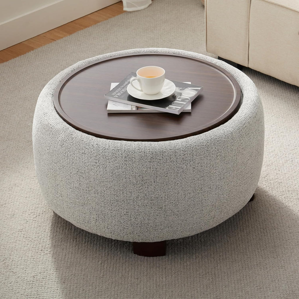 VKNOW 30" Round Storage Ottoman, Ottoman Coffee Table with Removable Wood Top and Solid Wood Legs for Living Room, Bedroom, Apartments (Beige)