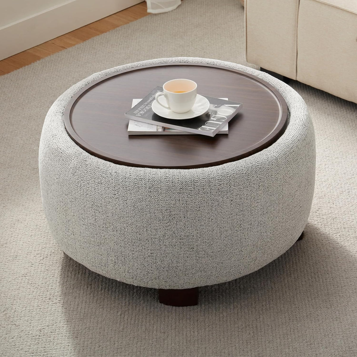 VKNOW 30" Round Storage Ottoman, Ottoman Coffee Table with Removable Wood Top and Solid Wood Legs for Living Room, Bedroom, Apartments (Beige)