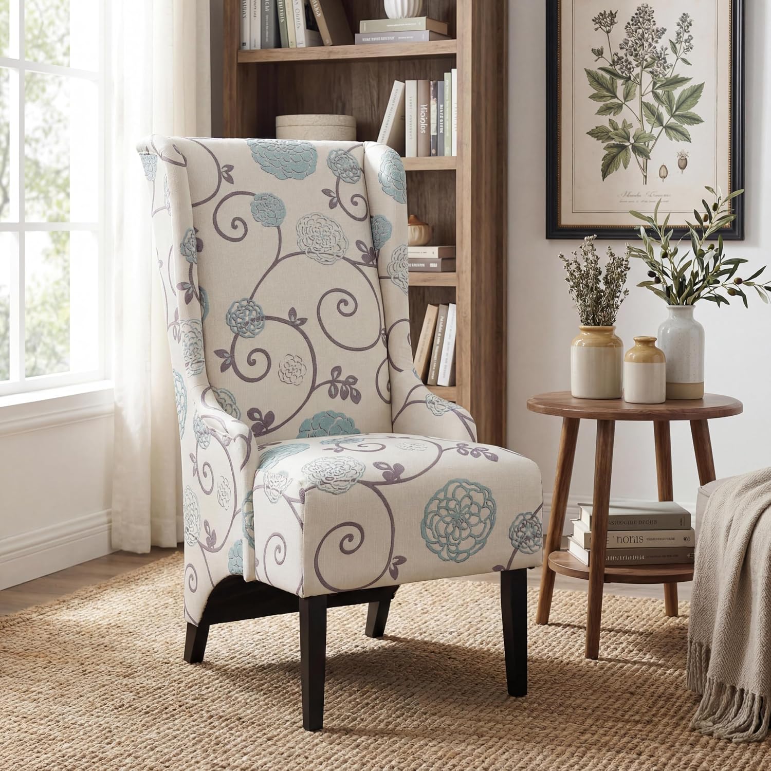 Christopher Knight Home Micua Luxury Upholstered Dining Chair with Floral Fabric Accent, Dining Room Chair with High Wingback, Comfy Living Room Chair and Birch Wood Legs, Extra Seating, Beige + Black
