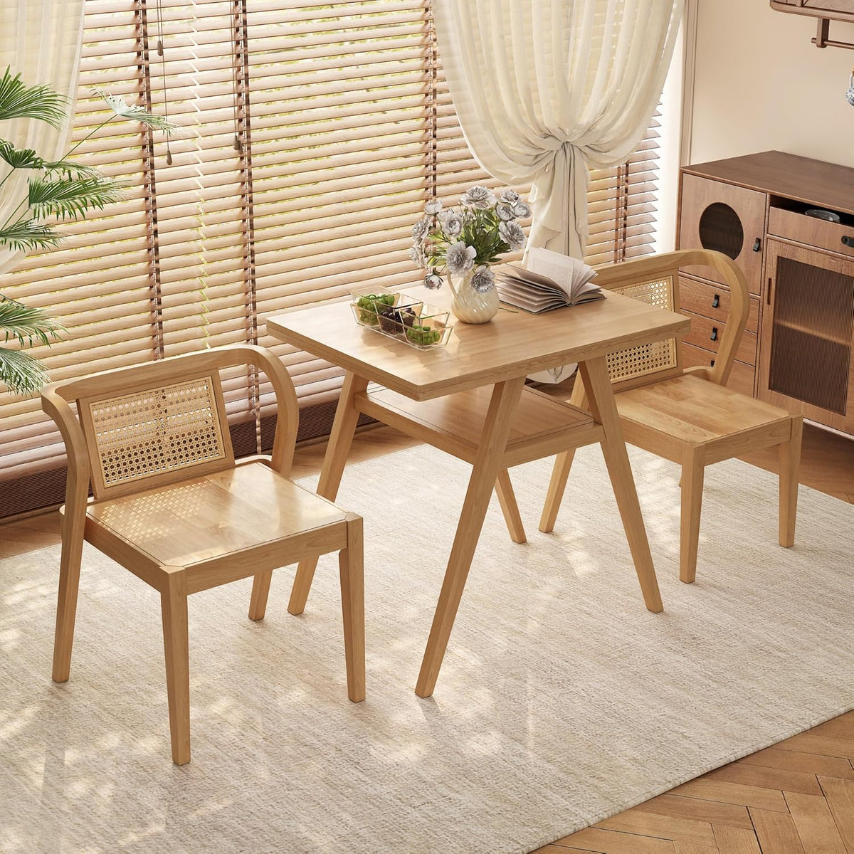 PADMA HOUSE Bistro Stacking Table Chair Set of 3, Wood Rattan Small Dining Table & Chair Set, Nesting Table Chair Set for Tavern, Balcony, Dining, Indoor, Patio-Natural Wood Color