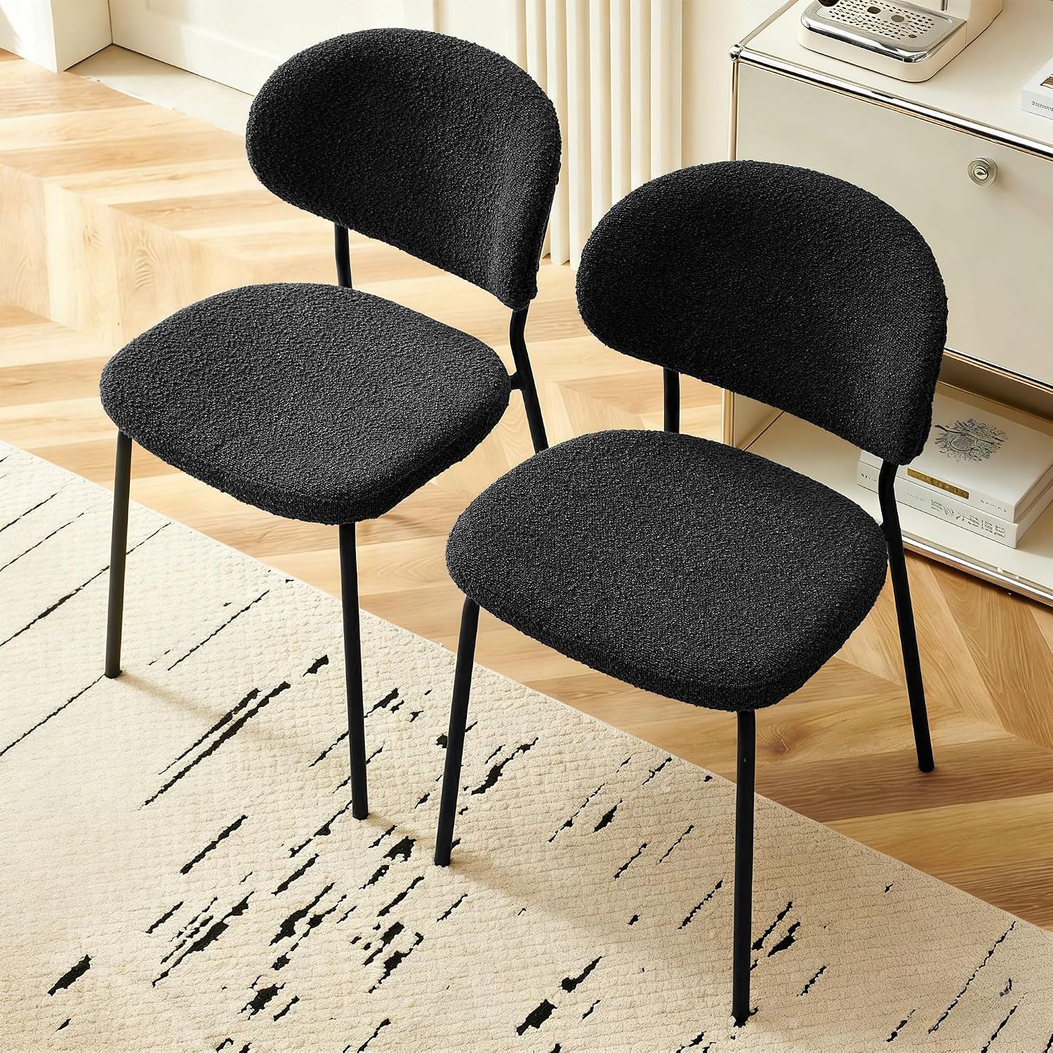 Homedot Modern Kitchen Dining Chairs Black Set of 4, Upholstered Boucle Round Bedroom Reception Side Chairs with Ergonomic Backrest for Apartment, Dining Room, Living Room, Dining Hall