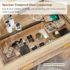 T4TREAM 48" Corner Makeup Vanity with Lighted Triple Mirror, Natural Oak | Modern, Fluted Vanity, Glass Top, 3 Drawers, 2 Cabinets, Organized Bedroom Storage