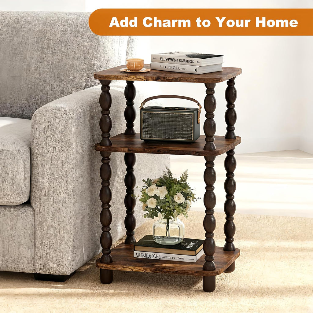 Retro End Table, 3-Tier Small Side Table, Narrow Couch Side Table for Small Spaces, Farmhouse End Table, Modern Accent Table, Skinny Bedside Table Nightstand for Bedroom, Living Room (Rustic Brown)